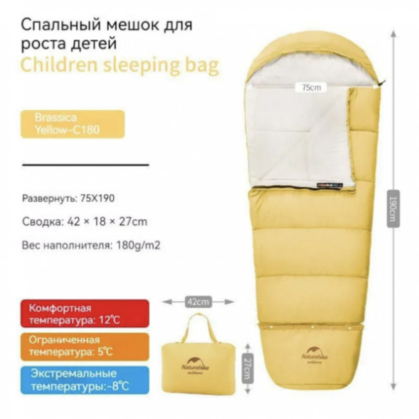 Спальный мешок Naturehike C180 (190x75см), желтый