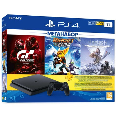 Игровая приставка Sony PlayStation 4 Slim 1000 ГБ HDD, Gran Turismo Sport + Ratchet &amp;amp; Clank + Horizon Zero Dawn CE + PS Plus 3 месяца, черный
