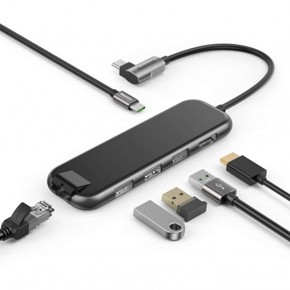 Многопортовый адаптер Baseus UCN3275 с одинарным коннектором USB-C (USB-C PD 60 Вт, 3 USB-A 3.0, Ethernet, HDMI 4K 30 Гц)